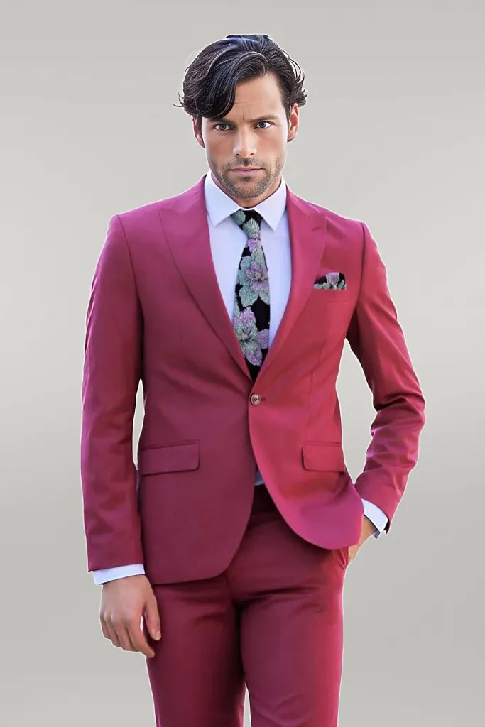 WSS 2 Piece Patterned Slim Fit Magenta Men Suit  - Singen