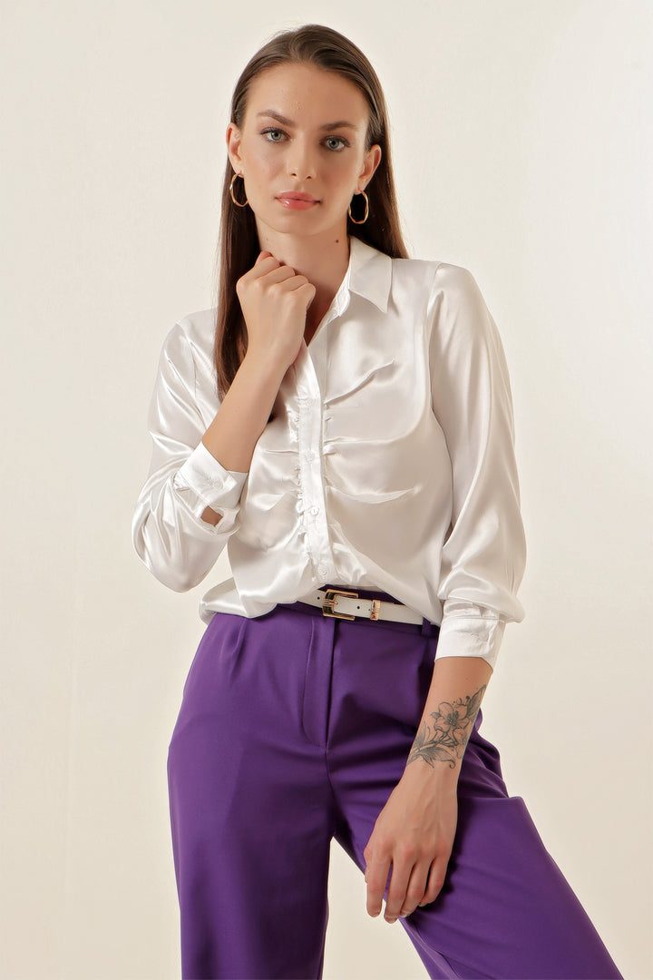 BGD Women Pleated Satin Shirt - White - Avondale