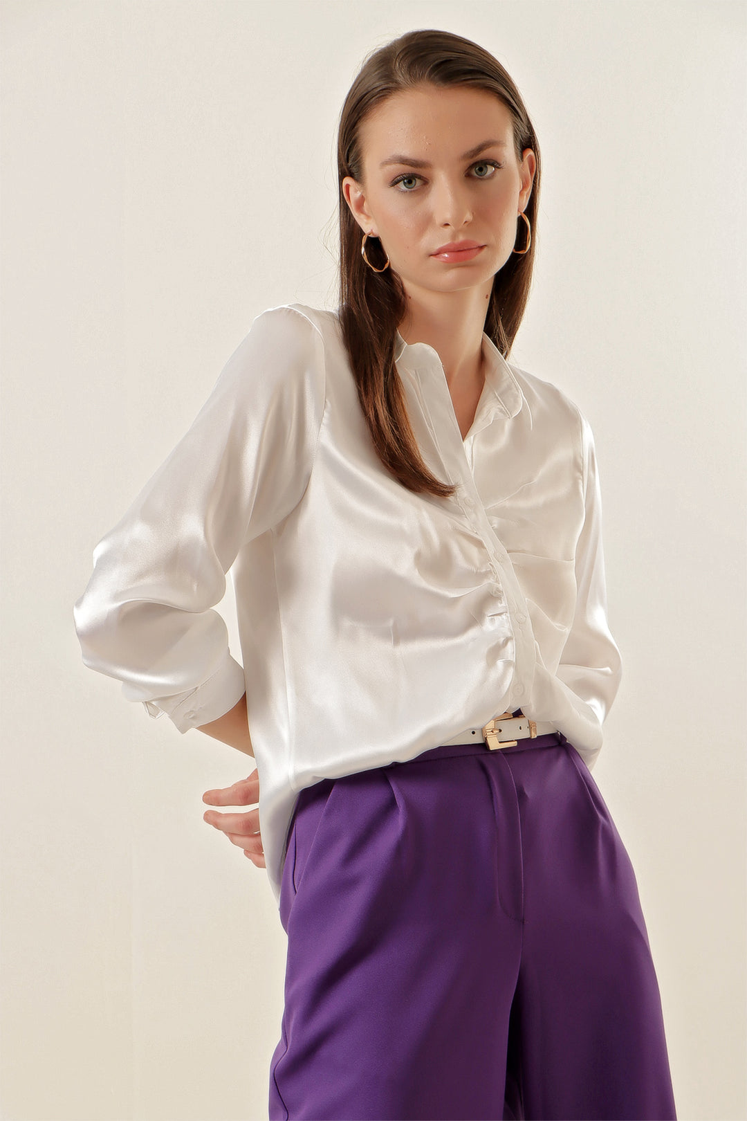 BGD Women Pleated Satin Shirt - White - Avondale