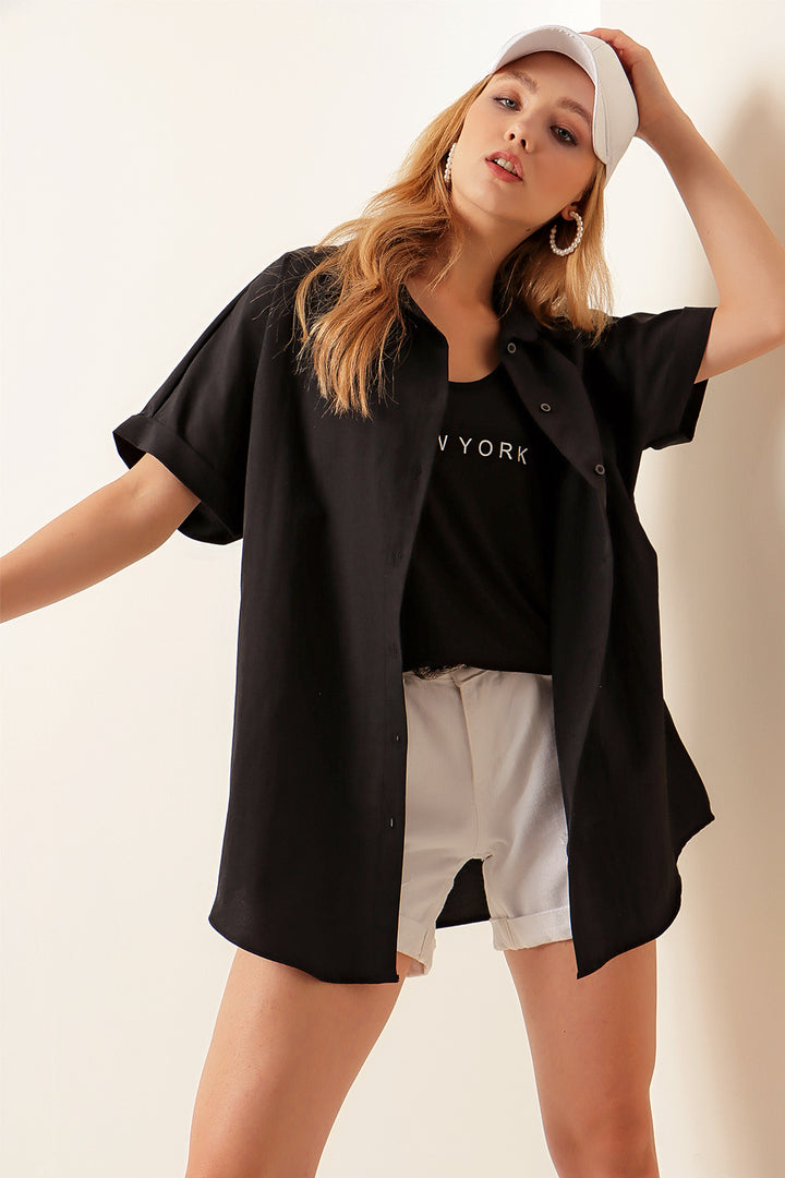 BGD Women Oversized Short Sleeve Shirt - Black - Avondale