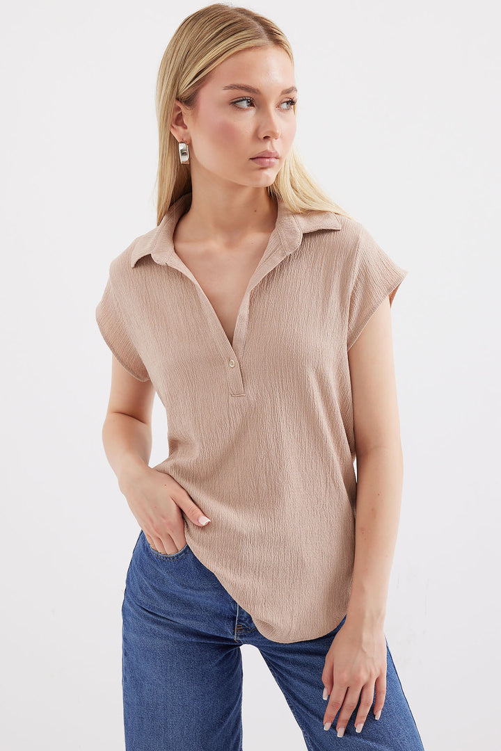 BGD Women Polo Neck Knit Blouse - Beige - Avondale