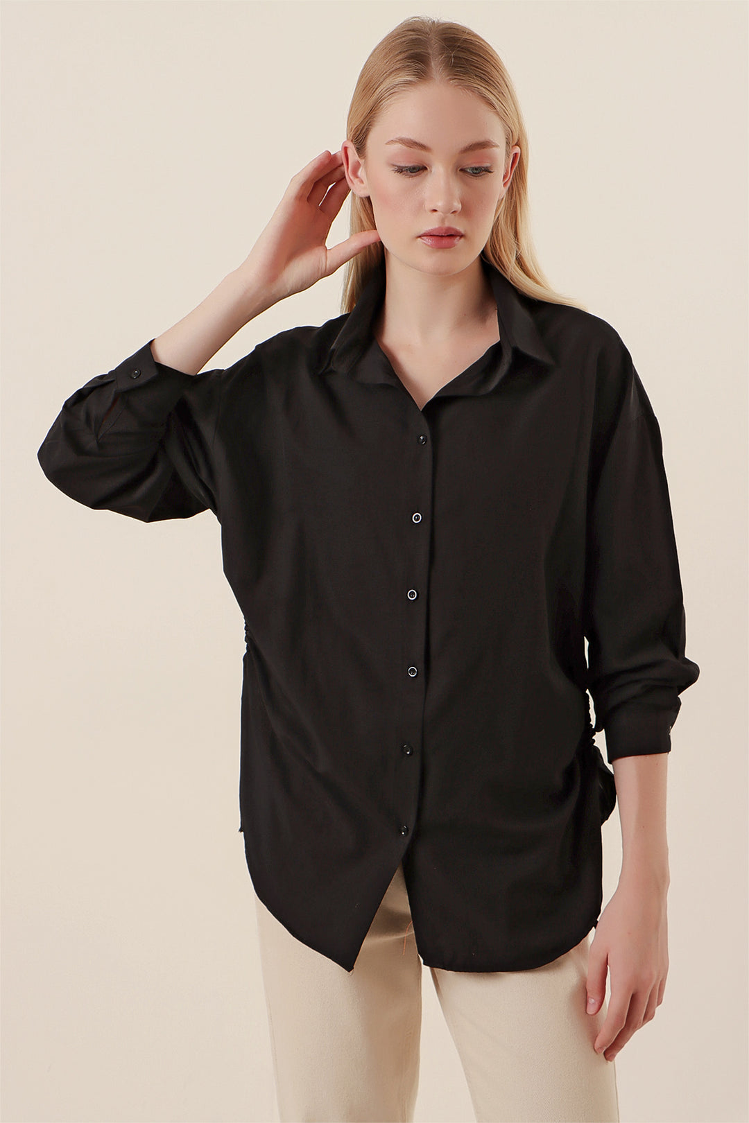 BGD Women Rope Drawstring Oversized Shirt - Black - Avondale