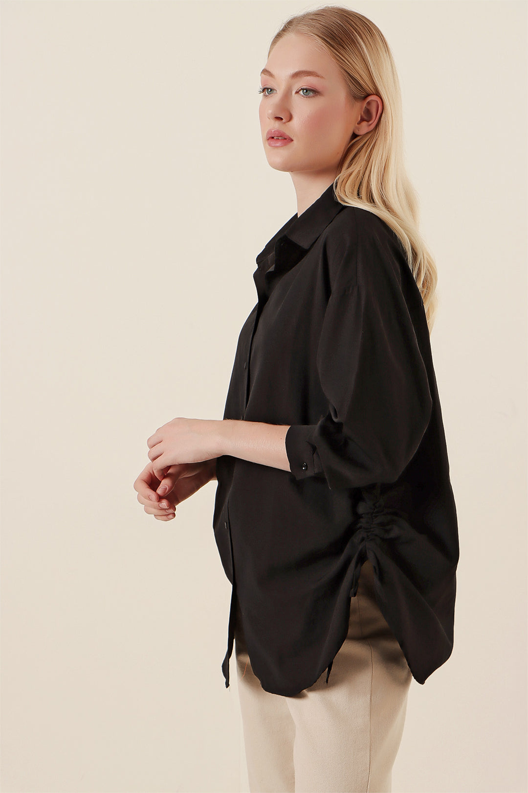 BGD Women Rope Drawstring Oversized Shirt - Black - Avondale