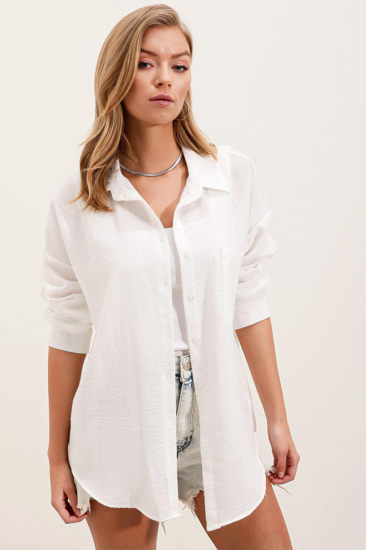 BGD Women Single Pocket Oversized Linen Shirt - White - Avondale