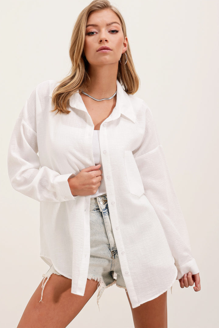 BGD Women Single Pocket Oversized Linen Shirt - White - Avondale