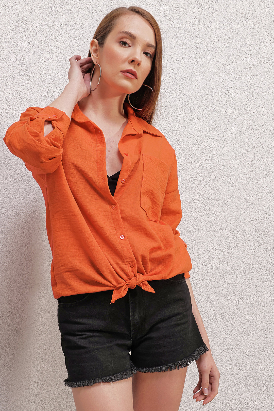 BGD Women Single Pocket Oversized Linen Shirt - Orange - Avondale