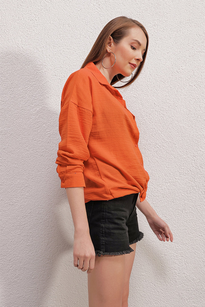 BGD Women Single Pocket Oversized Linen Shirt - Orange - Avondale