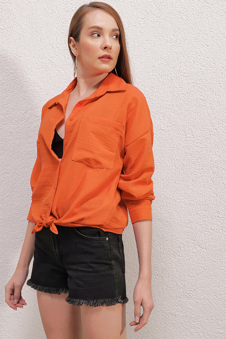 BGD Women Single Pocket Oversized Linen Shirt - Orange - Avondale