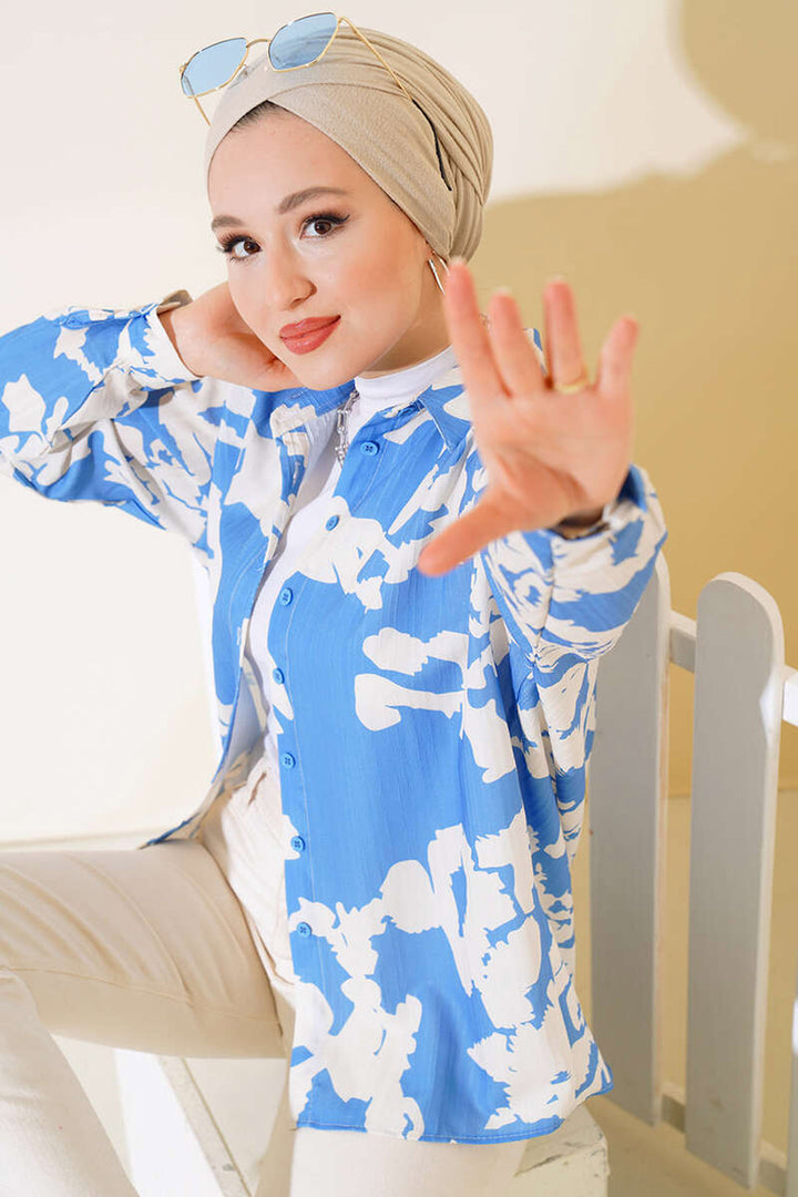 BGD Women Patterned Long Oversized Shirt - Blue - Avondale