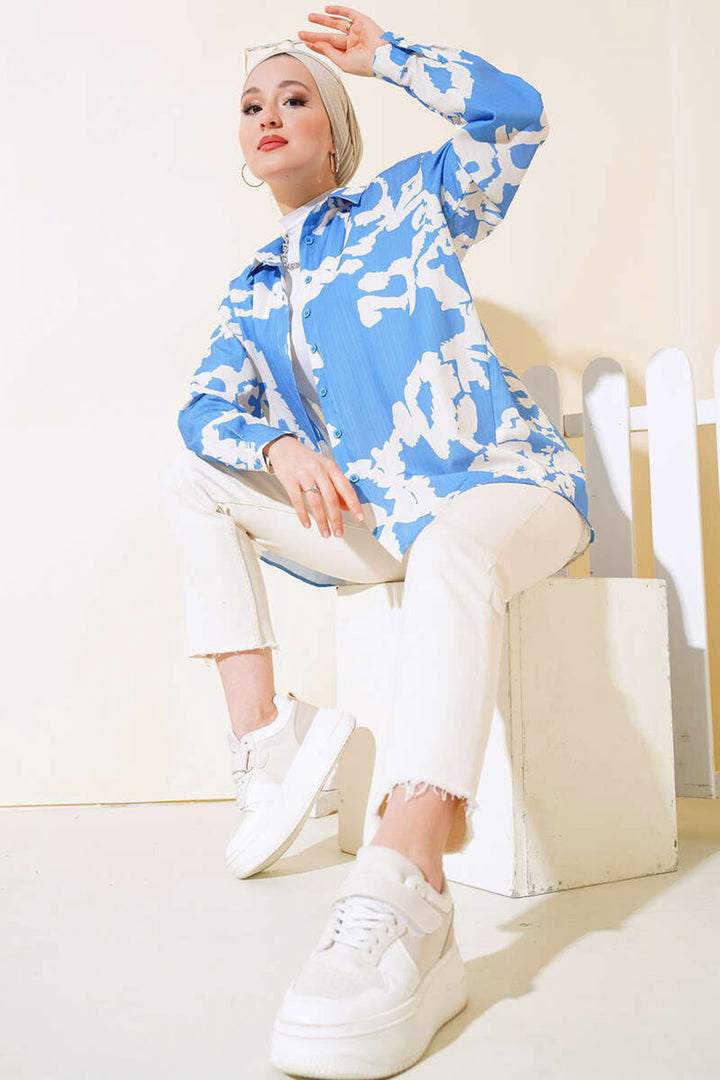 BGD Women Patterned Long Oversized Shirt - Blue - Avondale