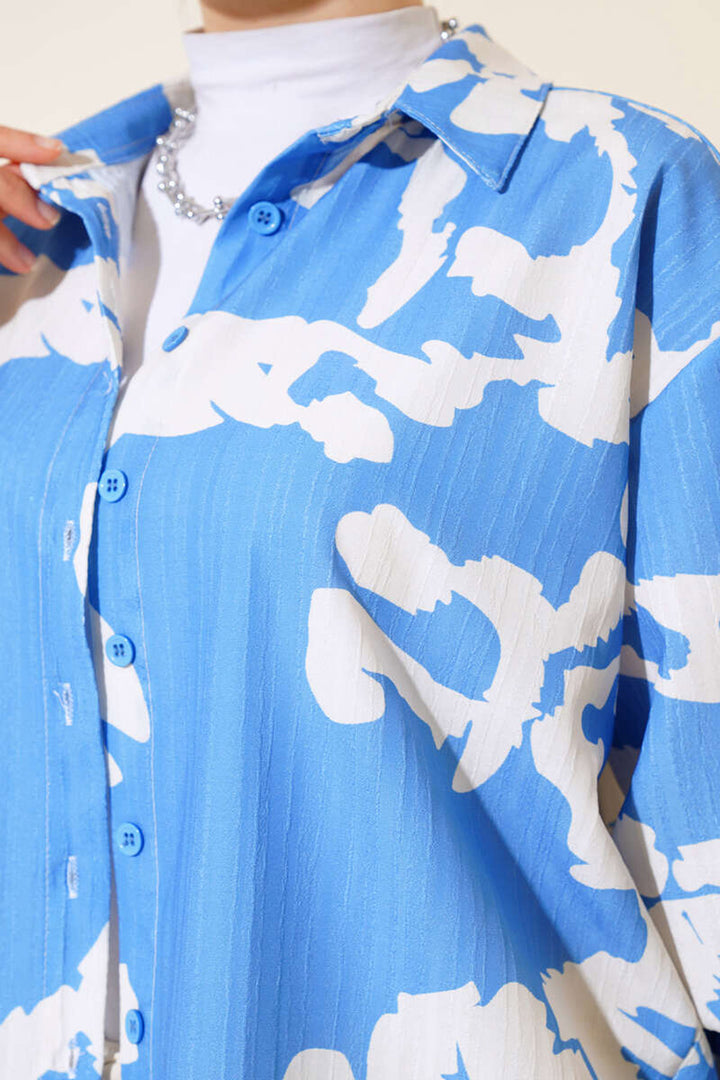 BGD Women Patterned Long Oversized Shirt - Blue - Avondale