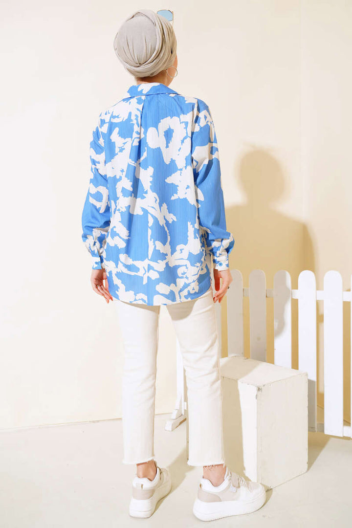 BGD Women Patterned Long Oversized Shirt - Blue - Avondale