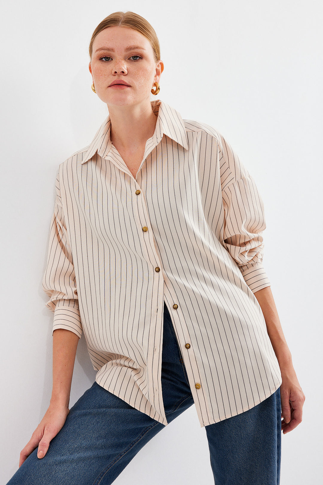 BGD Women Striped Oversized Long Basic T-shirt - Cream - Avondale