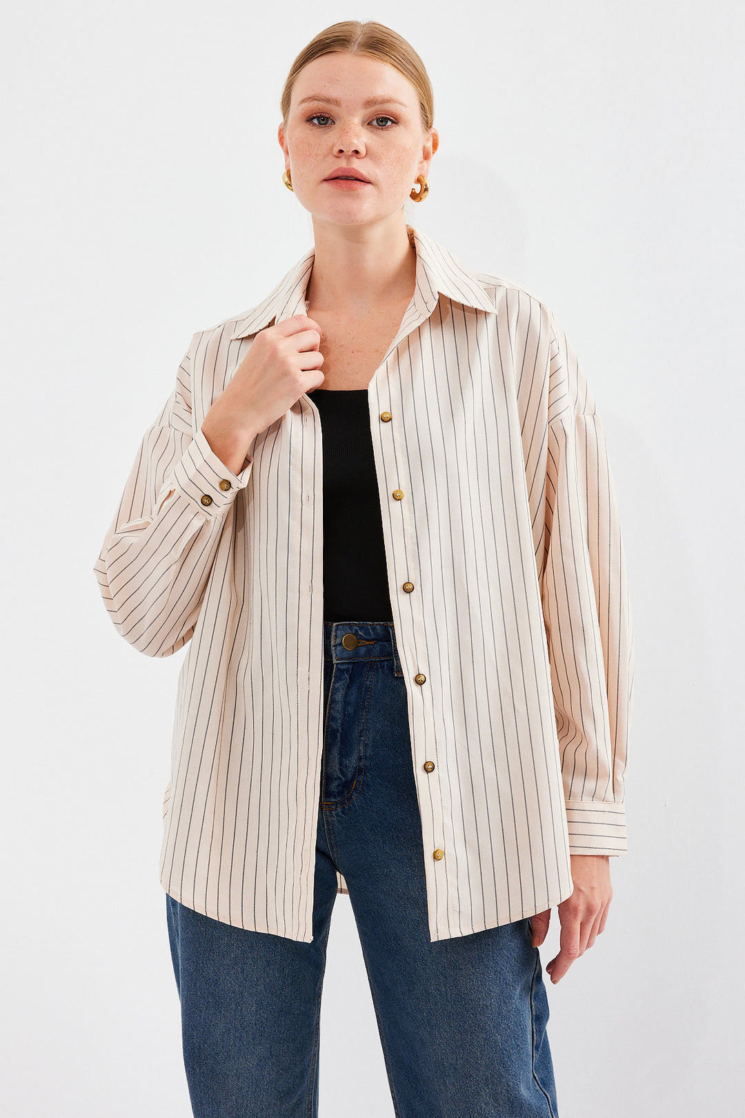 BGD Women Striped Oversized Long Basic T-shirt - Cream - Avondale