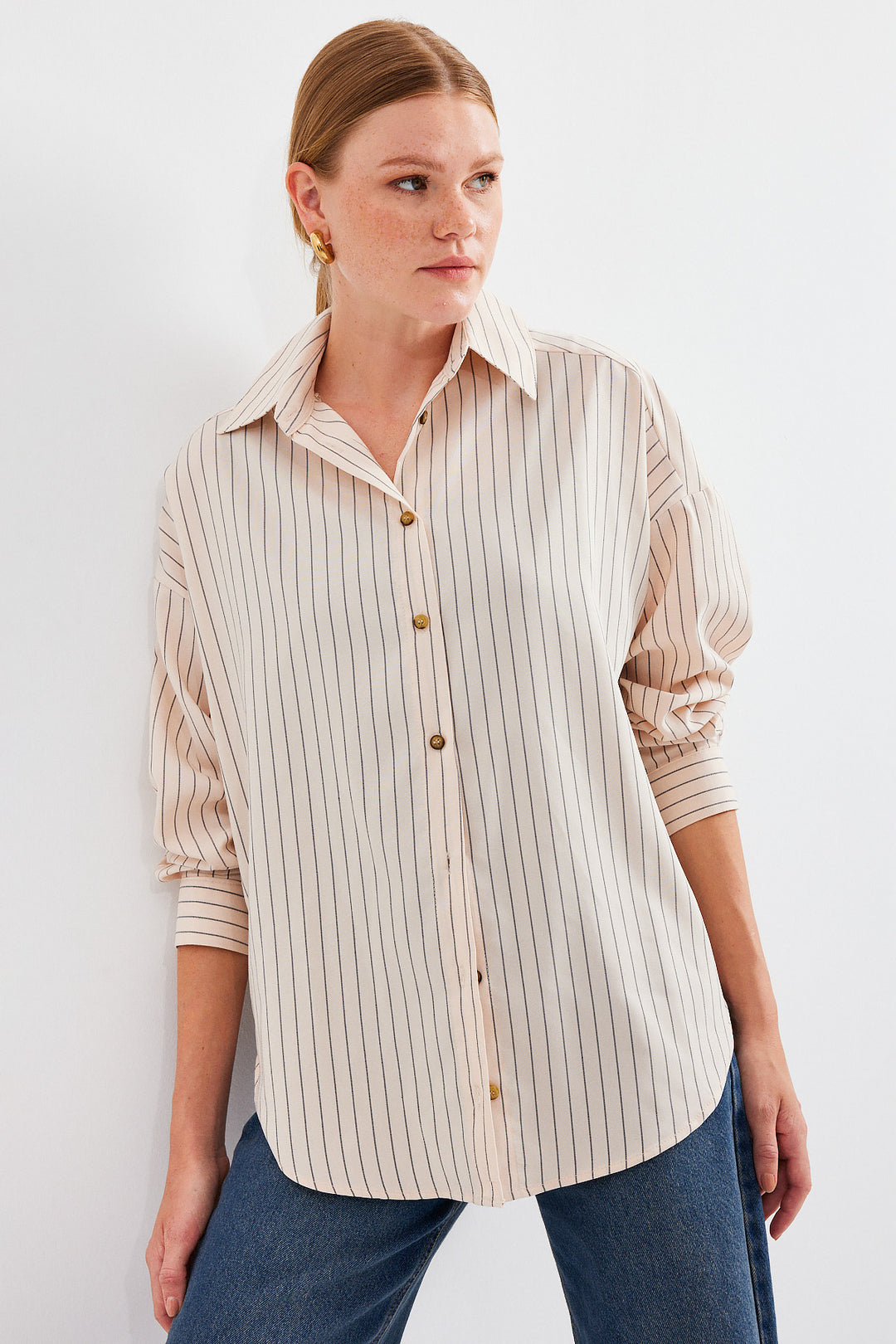 BGD Women Striped Oversized Long Basic T-shirt - Cream - Avondale