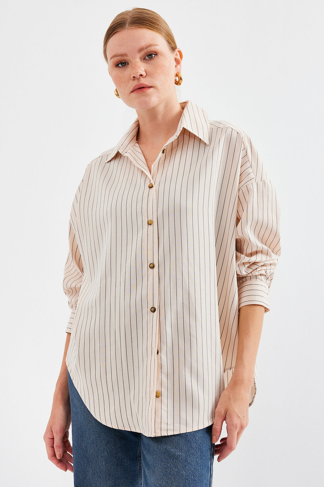 BGD Women Striped Oversized Long Basic T-shirt - Cream - Avondale