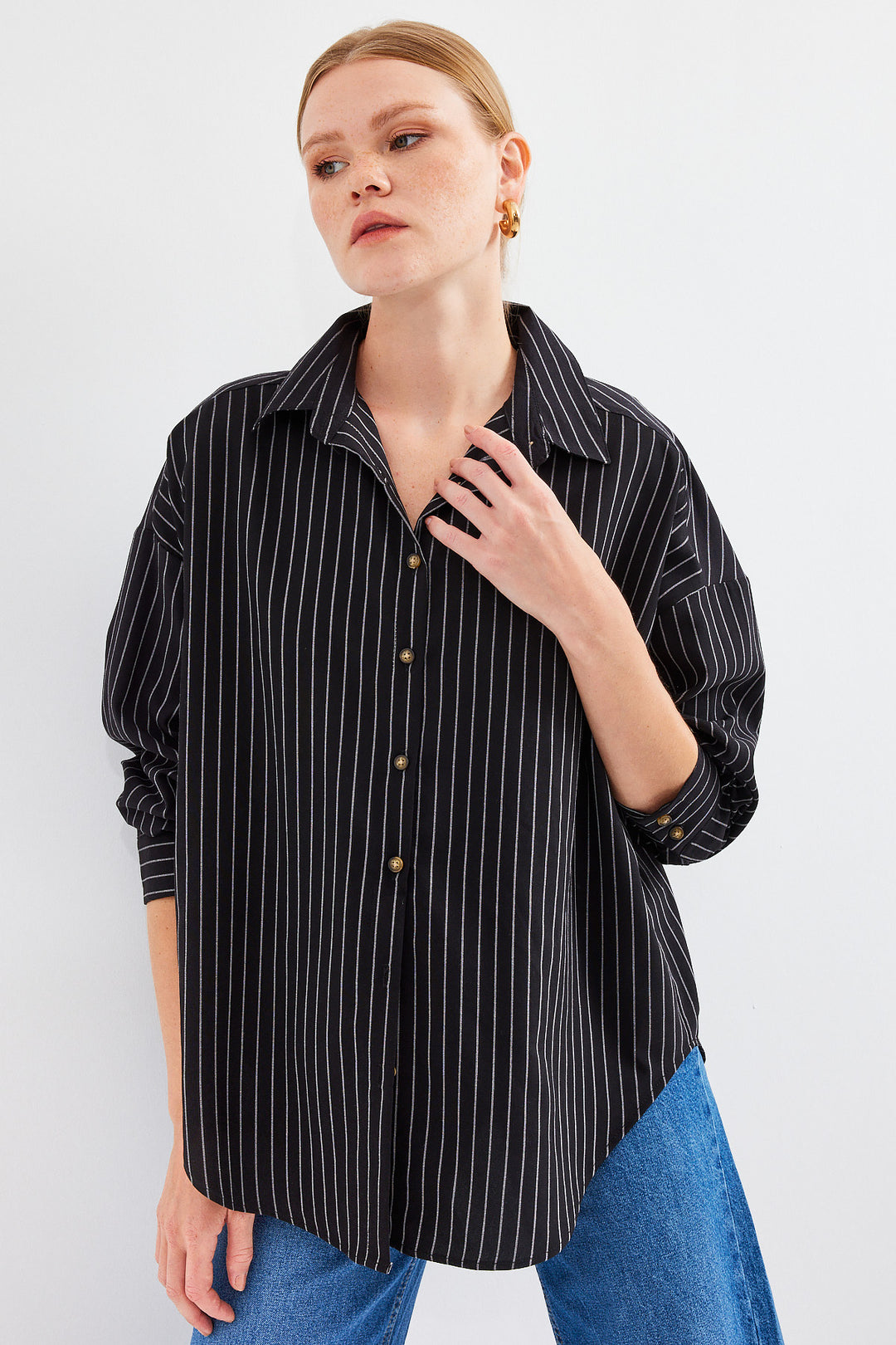 BGD Women Striped Oversized Long Basic T-shirt - Black - Avondale