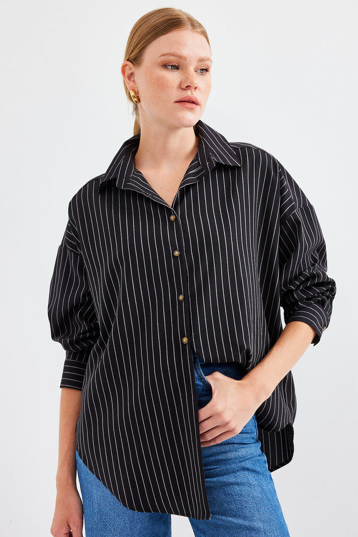 BGD Women Striped Oversized Long Basic T-shirt - Black - Avondale