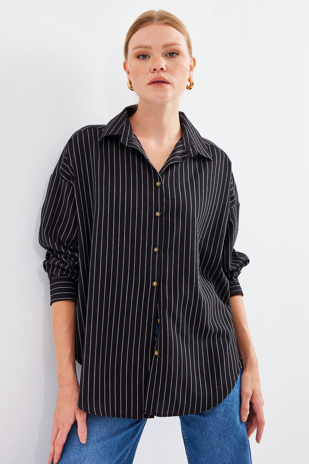 BGD Women Striped Oversized Long Basic T-shirt - Black - Avondale