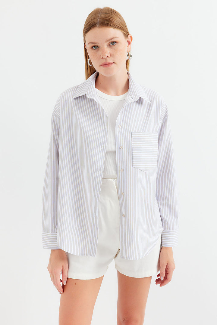 BGD Women Single Pocket Striped Oversized Shirt - Beige - Avondale