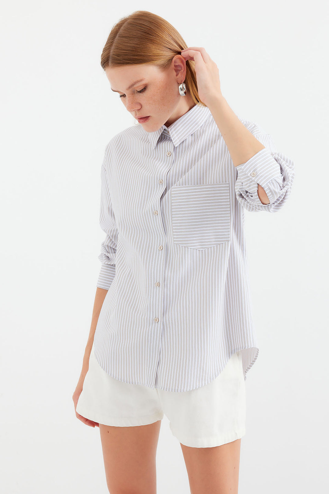 BGD Women Single Pocket Striped Oversized Shirt - Beige - Avondale