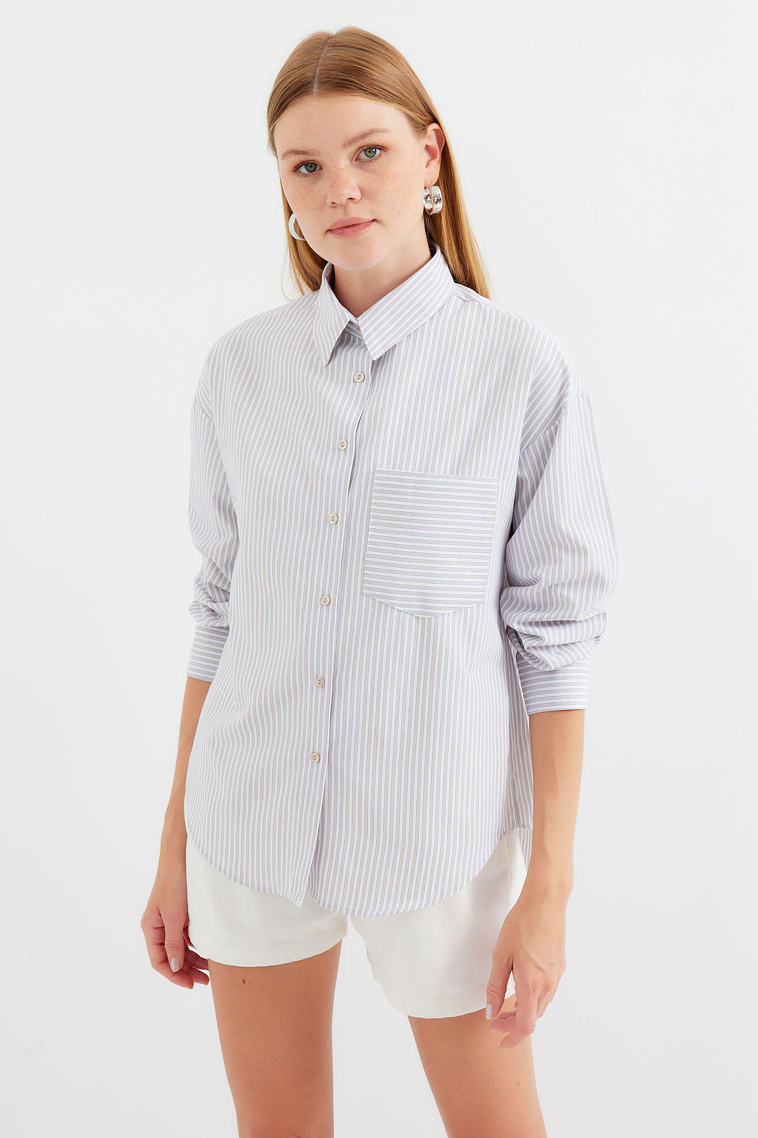 BGD Women Single Pocket Striped Oversized Shirt - Beige - Avondale