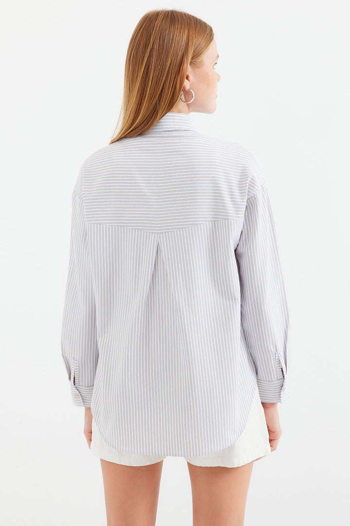 BGD Women Single Pocket Striped Oversized Shirt - Beige - Avondale