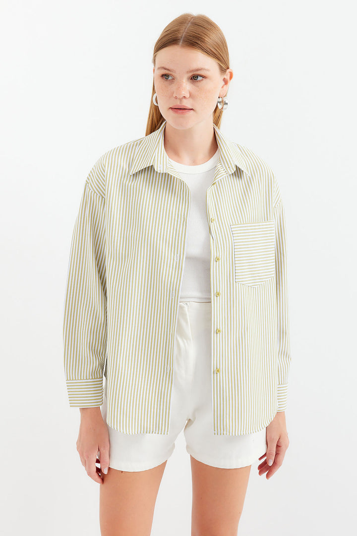 BGD Women Single Pocket Striped Oversized Shirt - Dark Green - Avondale