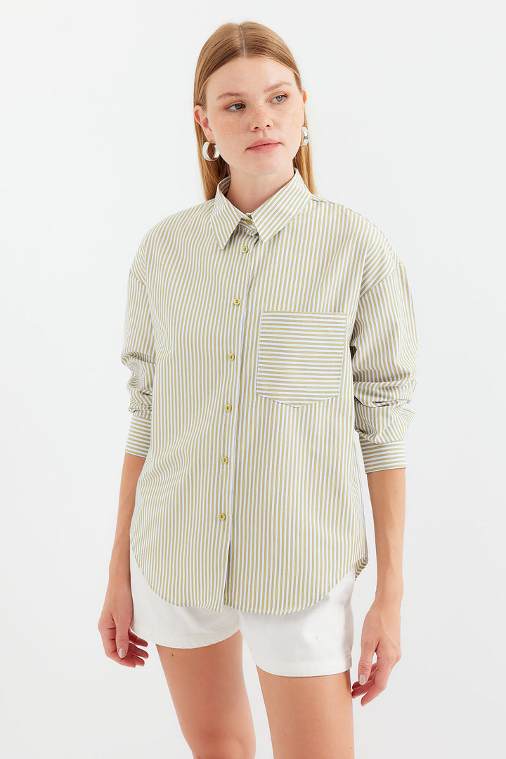 BGD Women Single Pocket Striped Oversized Shirt - Dark Green - Avondale