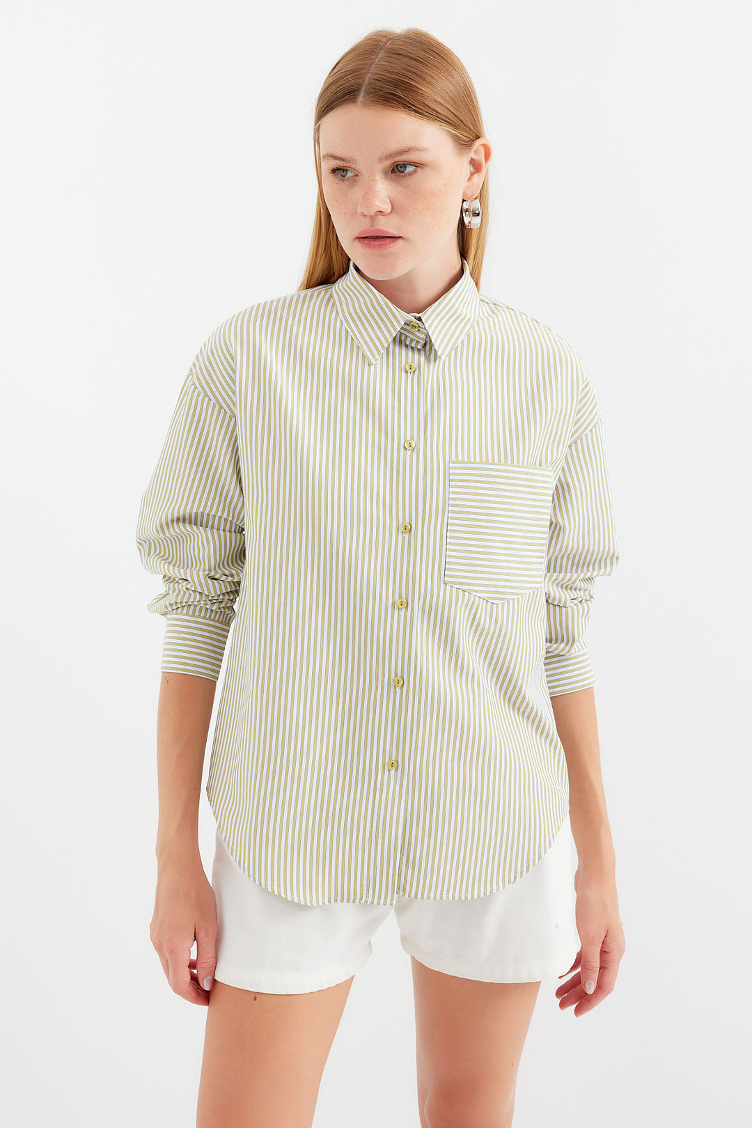 BGD Women Single Pocket Striped Oversized Shirt - Dark Green - Avondale