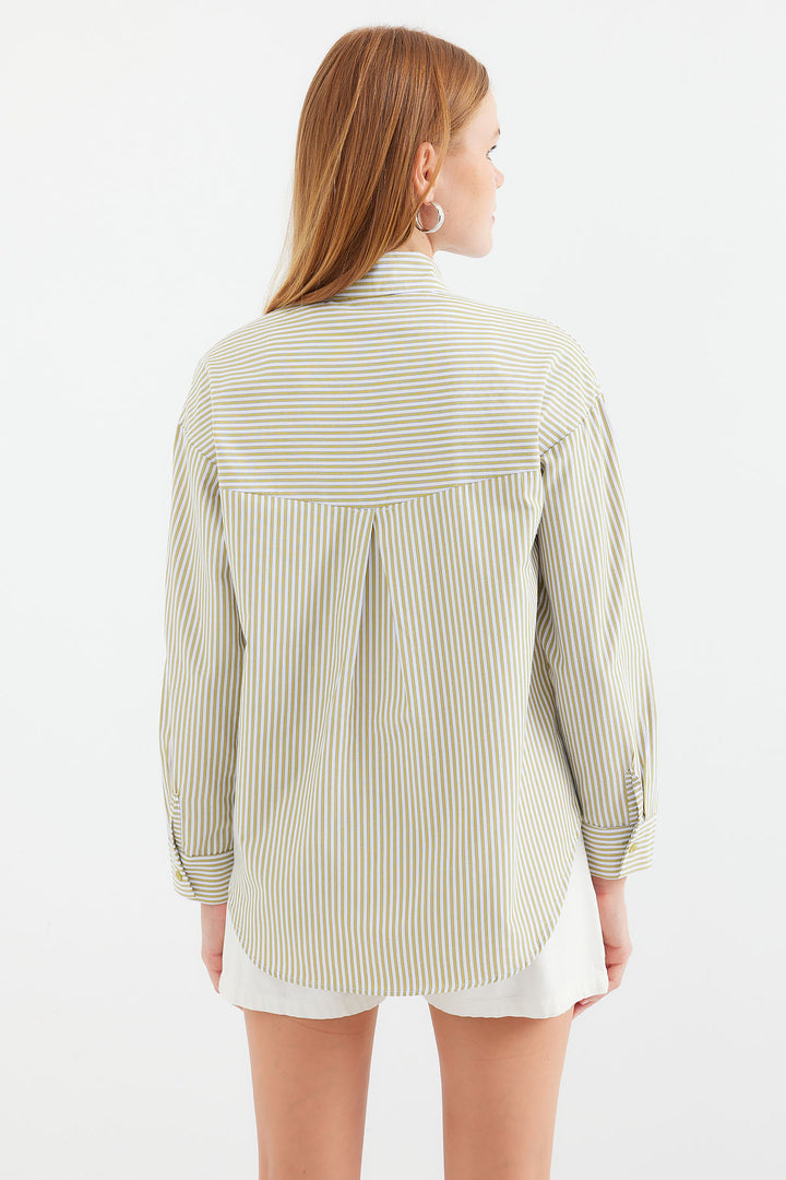 BGD Women Single Pocket Striped Oversized Shirt - Dark Green - Avondale