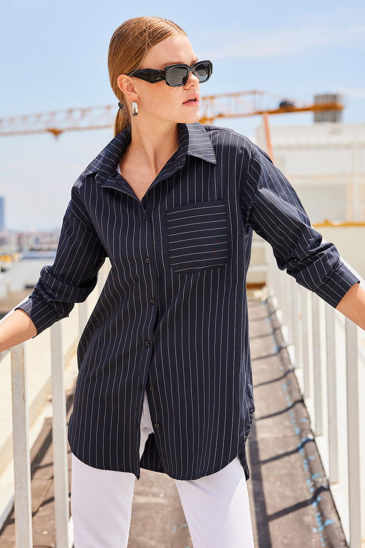 BGD Women Mobile Detailed Striped Oversized Shirt - Black - Avondale