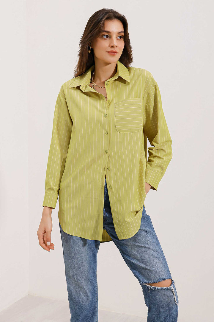 BGD Women Pocket Detailed Striped Oversized Shirt - Green - Avondale