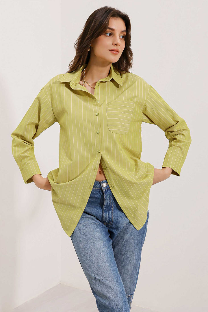 BGD Women Pocket Detailed Striped Oversized Shirt - Green - Avondale