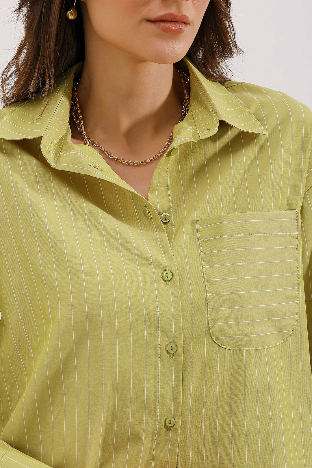 BGD Women Pocket Detailed Striped Oversized Shirt - Green - Avondale