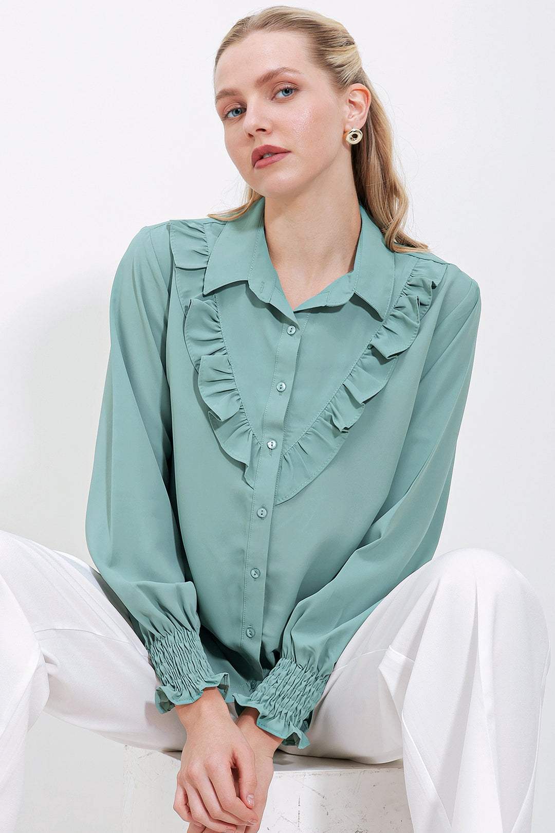 BGD Women Frilly Long Sleeve Shirt - Çağla - Avondale