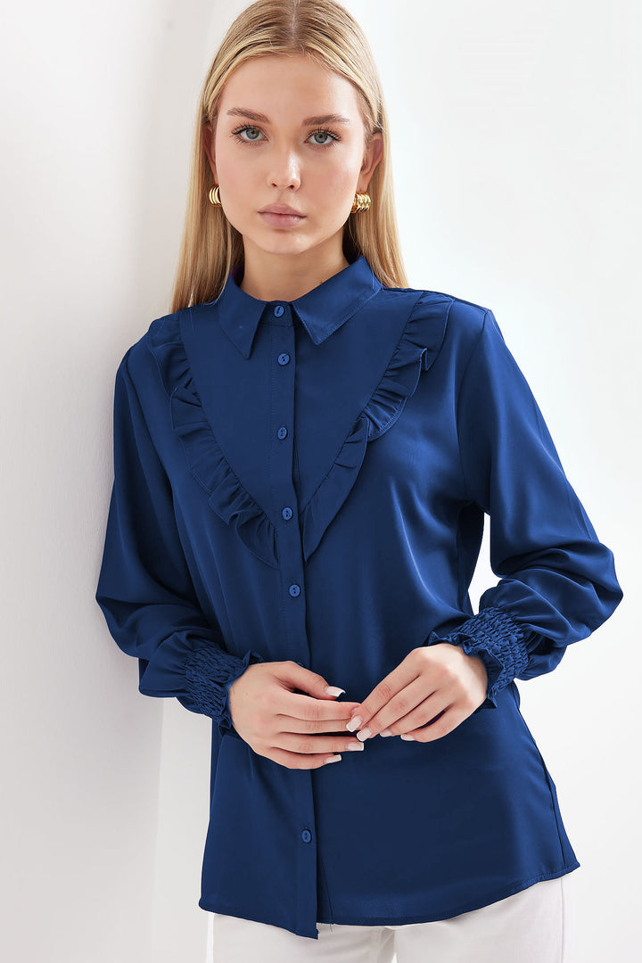 BGD Women Ruffled Long Sleeve Shirt - Dark Indigo - Avondale