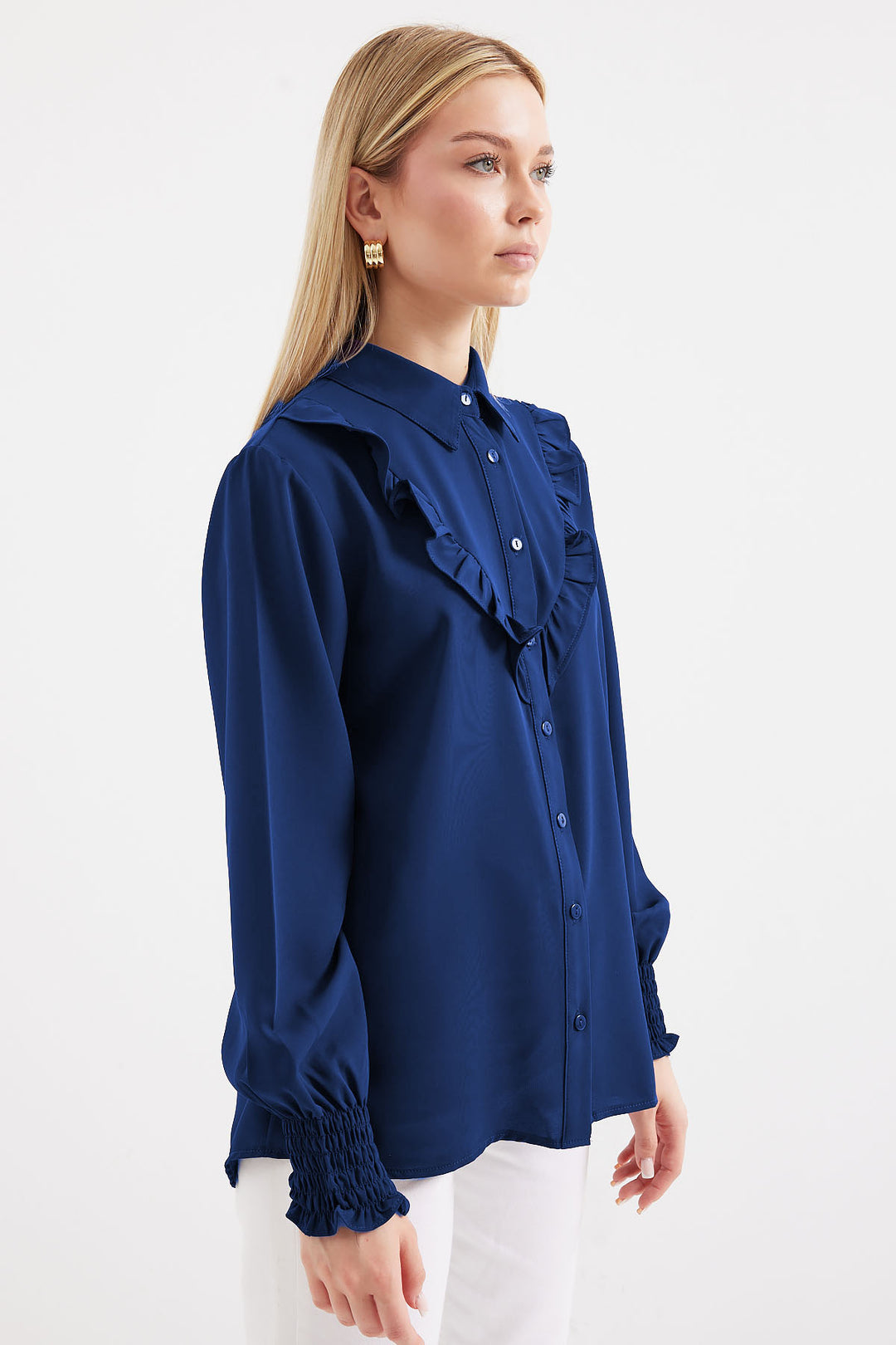 BGD Women Ruffled Long Sleeve Shirt - Dark Indigo - Avondale