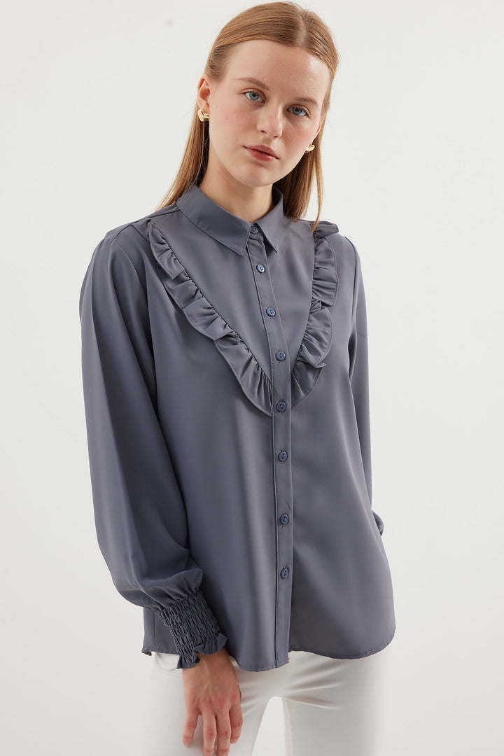 BGD Women Ruffled Long Sleeve Shirt - Gray - Avondale