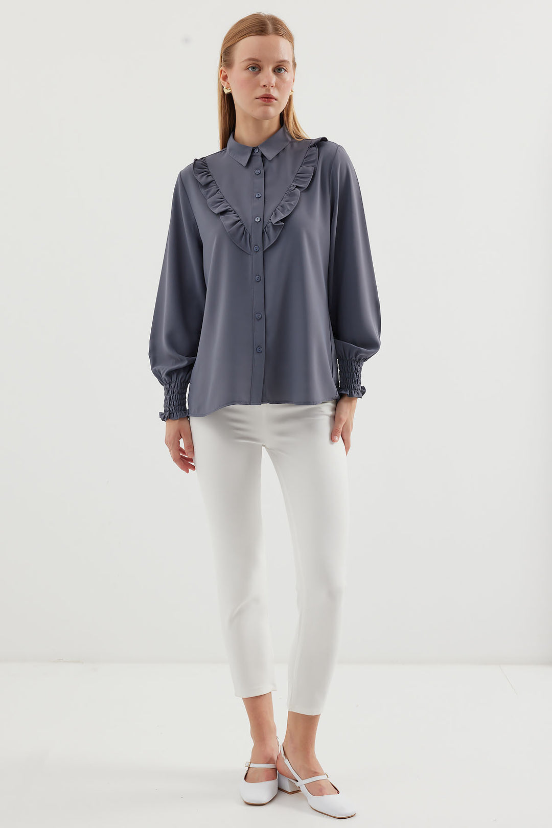 BGD Women Ruffled Long Sleeve Shirt - Gray - Avondale