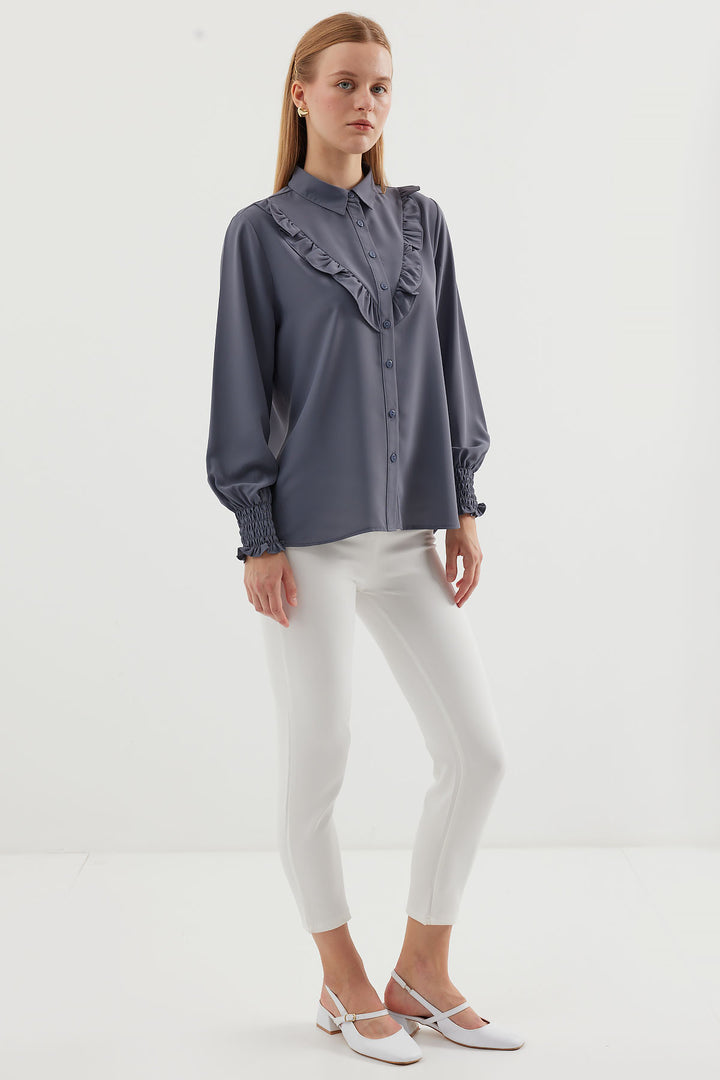 BGD Women Ruffled Long Sleeve Shirt - Gray - Avondale