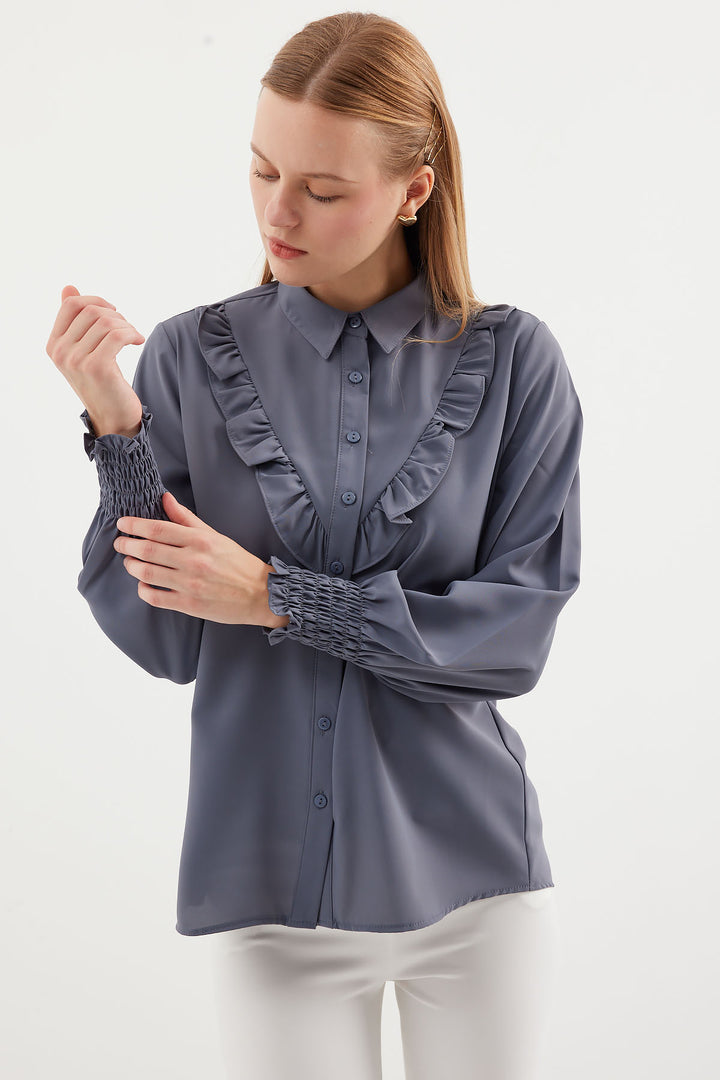 BGD Women Ruffled Long Sleeve Shirt - Gray - Avondale