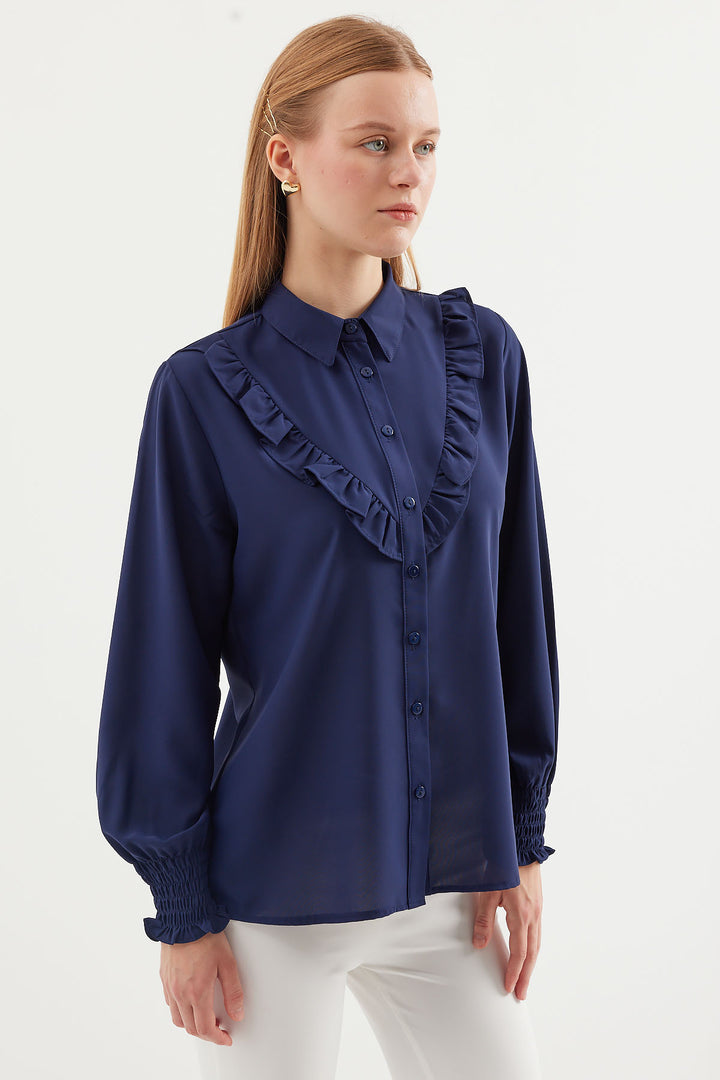 BGD Women Ruffled Long Sleeve Shirt - Navy - Avondale