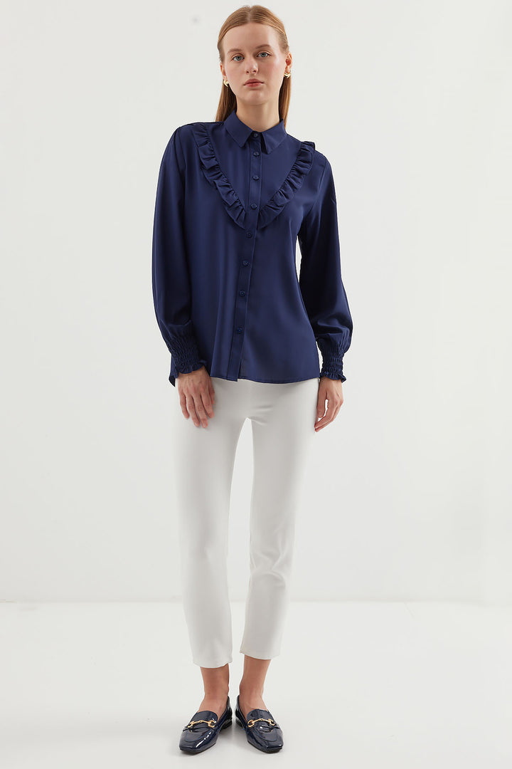 BGD Women Ruffled Long Sleeve Shirt - Navy - Avondale