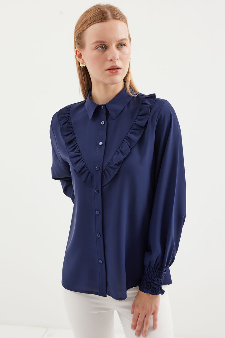 BGD Women Ruffled Long Sleeve Shirt - Navy - Avondale