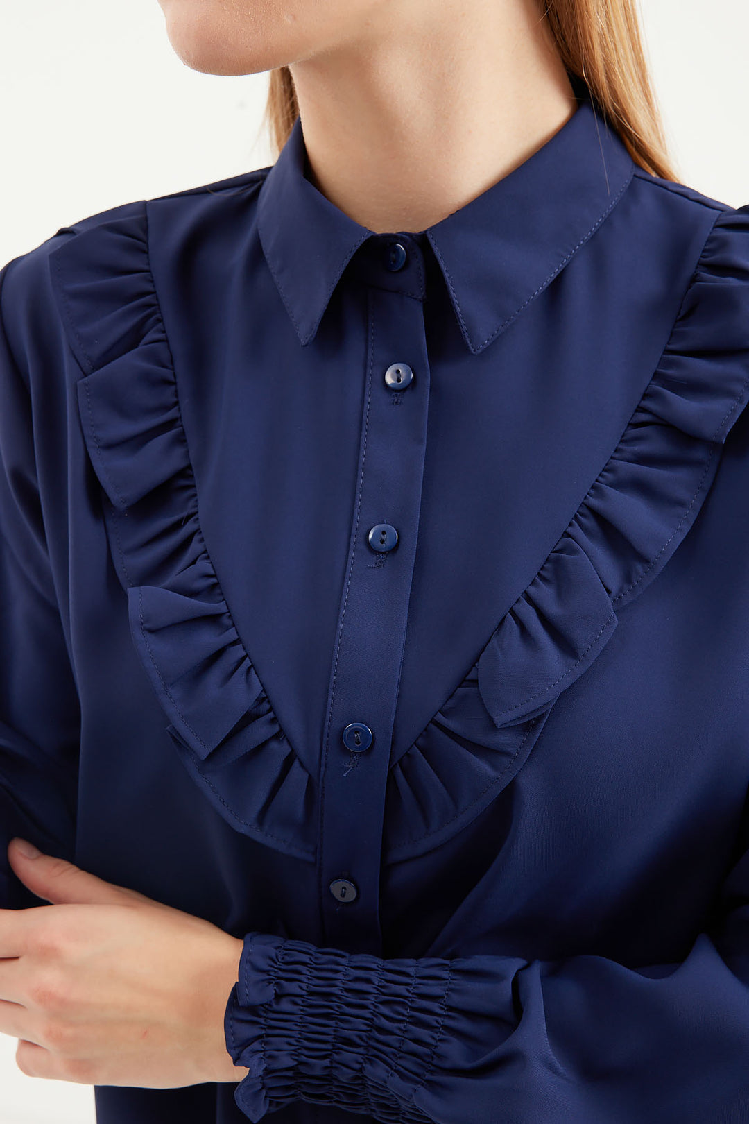 BGD Women Ruffled Long Sleeve Shirt - Navy - Avondale