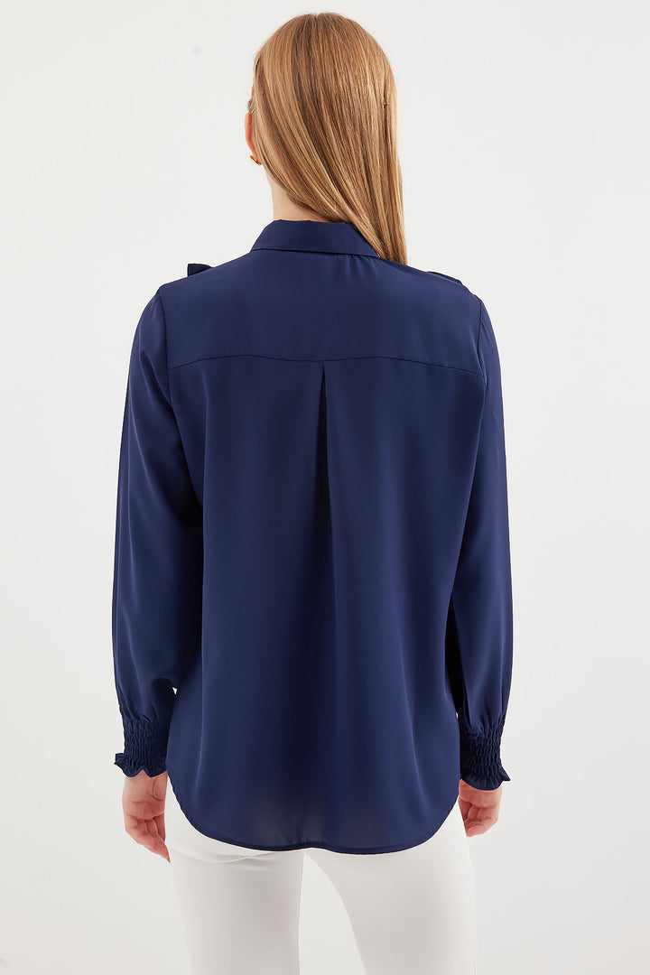 BGD Women Ruffled Long Sleeve Shirt - Navy - Avondale