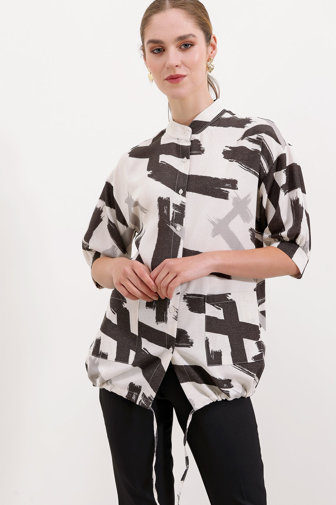 BGD Women Patterned Oversized Shirt - Black - Avondale