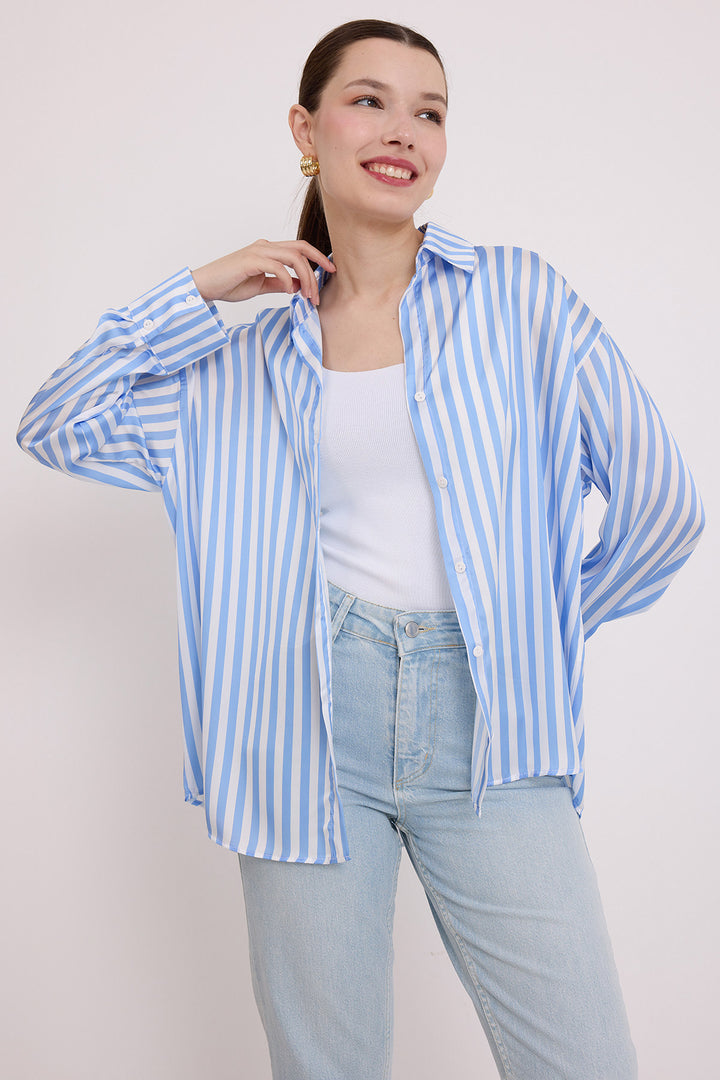 BGD Women Woman Blue White Striped Oversized Satin Shirt 20242 - Avondale