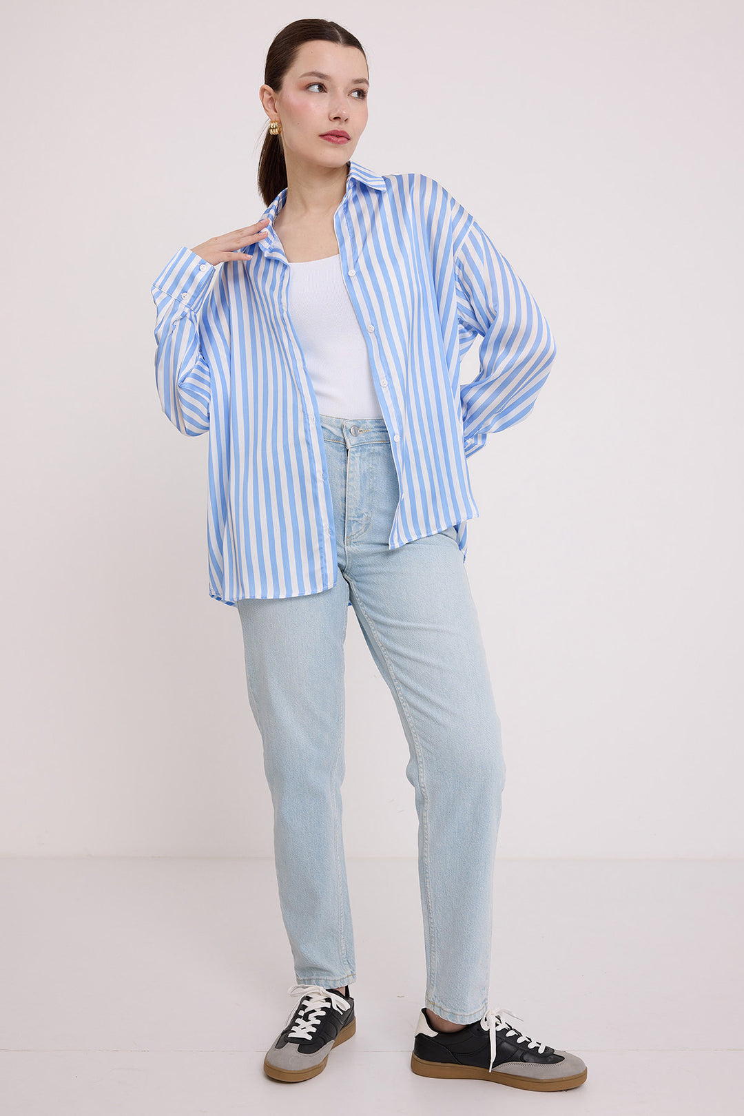 BGD Women Woman Blue White Striped Oversized Satin Shirt 20242 - Avondale